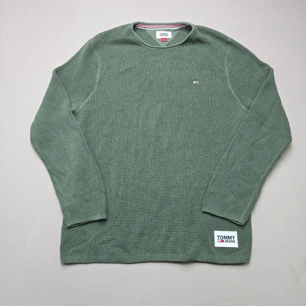 Tommy Jeans Sweater Waffle Knit Logo Patch Green Men Size L Thermal Cotton Top